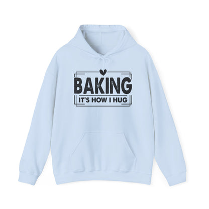 Light Blue Baking It's How I Hug hoodie with black framed typography and heart