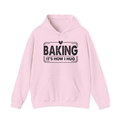 Light Pink Baking It's How I Hug hoodie with black framed typography and heart