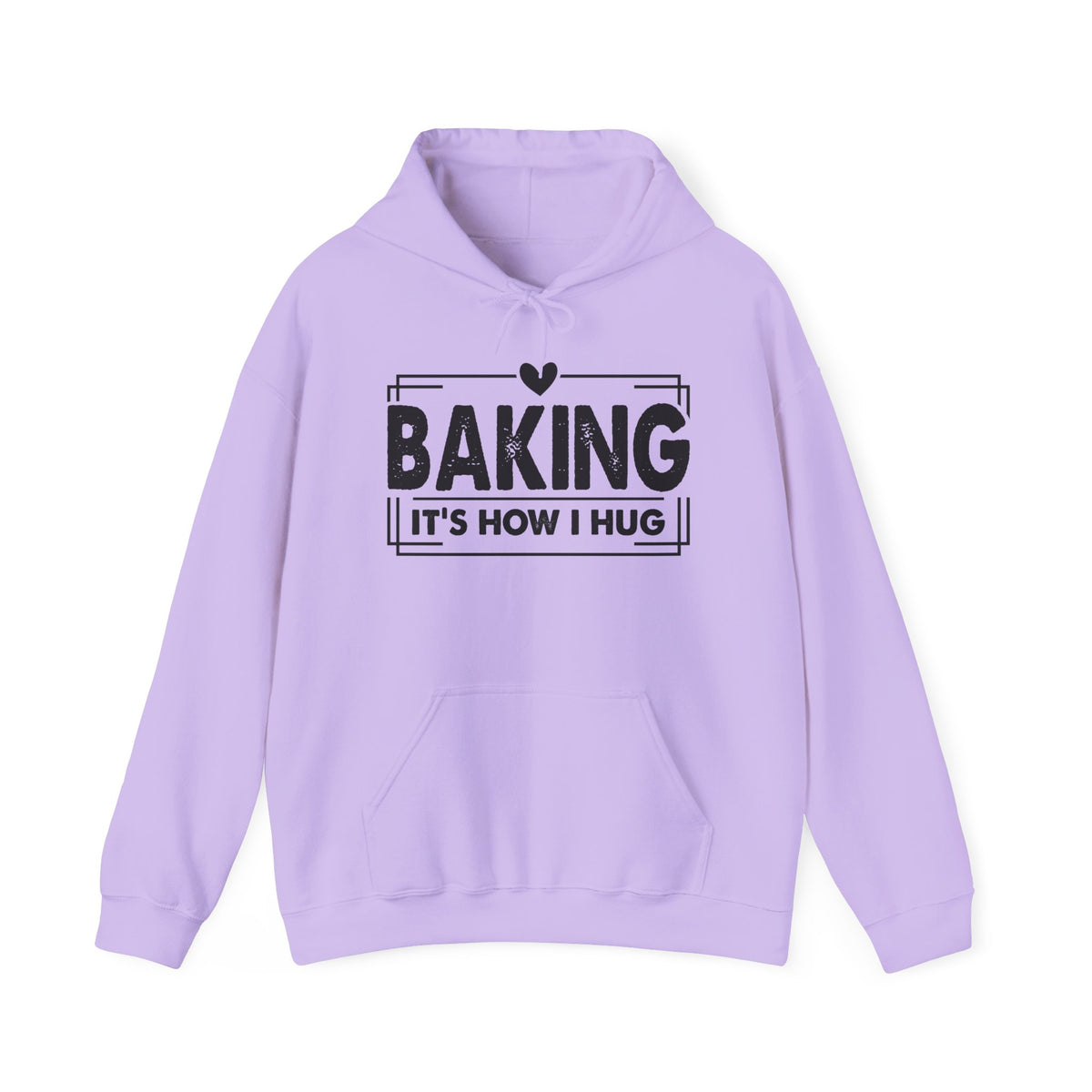 Orchid Baking It's How I Hug hoodie with black framed typography and heart