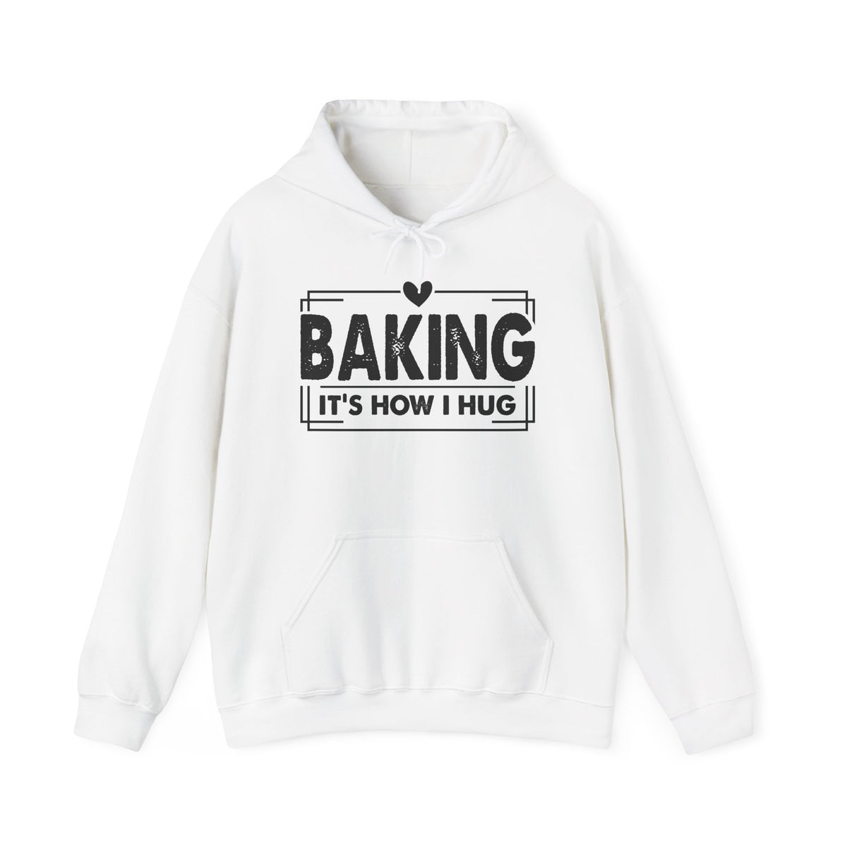 White Baking It's How I Hug hoodie with black framed typography and heart