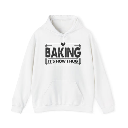 White Baking It's How I Hug hoodie with black framed typography and heart
