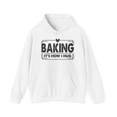 White Baking It's How I Hug hoodie with black framed typography and heart