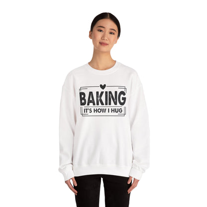 Woman wearing the white Baking It's How I Hug Black Print Sweatshirt, studio view