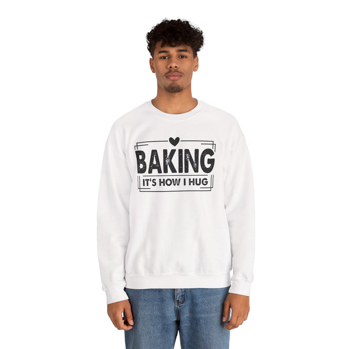 Man wearing the white Baking It's How I Hug Black Print Sweatshirt