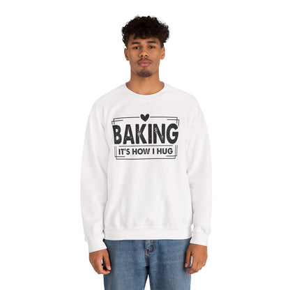 Man wearing the white Baking It's How I Hug Black Print Sweatshirt