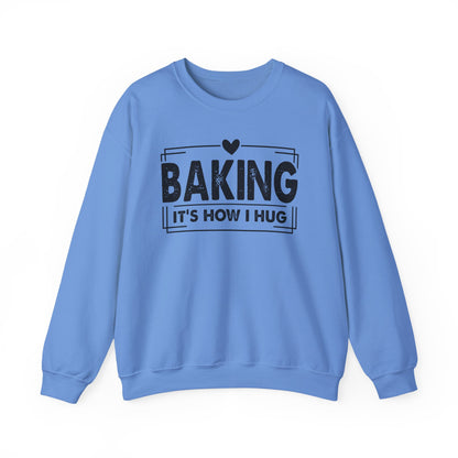 Carolina Blue Baking It's How I Hug sweatshirt with black framed typography and heart
