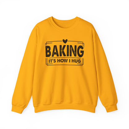 Gold Baking It's How I Hug sweatshirt with black framed typography and heart