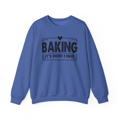 Heather Sport Royal Baking It's How I Hug sweatshirt with black framed typography and heart