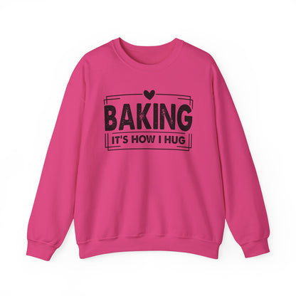 Heliconia Baking It's How I Hug sweatshirt with black framed typography and heart