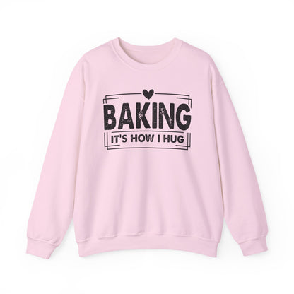 Light Pink Baking It's How I Hug sweatshirt with black framed typography and heart