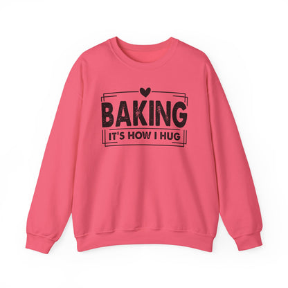 Safety Pink Baking It's How I Hug sweatshirt with black framed typography and heart