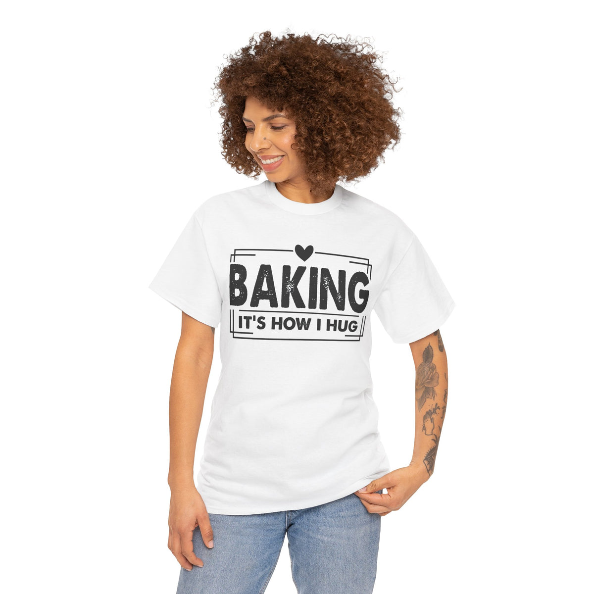 Woman wearing the white Baking It's How I Hug Black Print T-Shirt