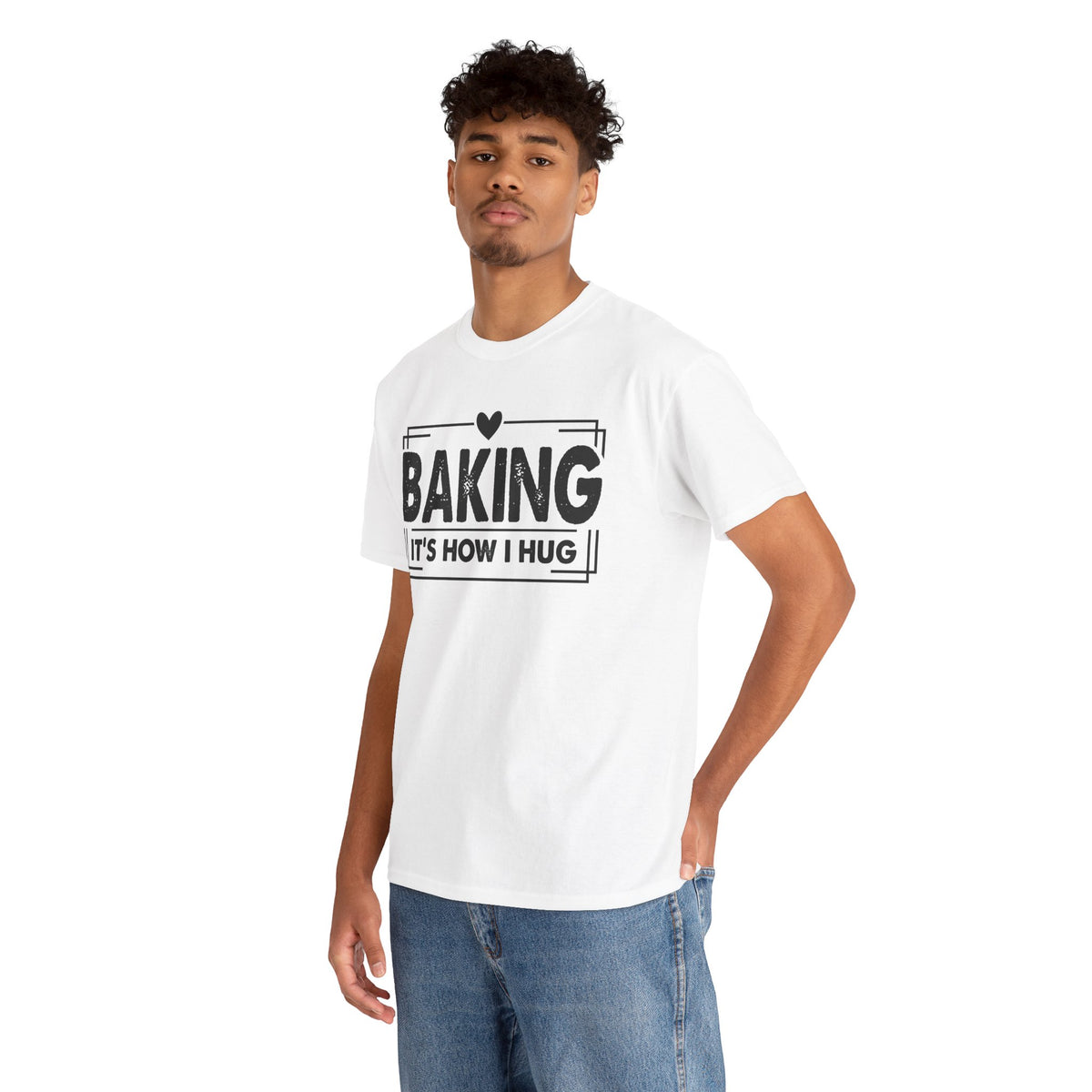 Man wearing the white Baking It's How I Hug Black Print T-Shirt