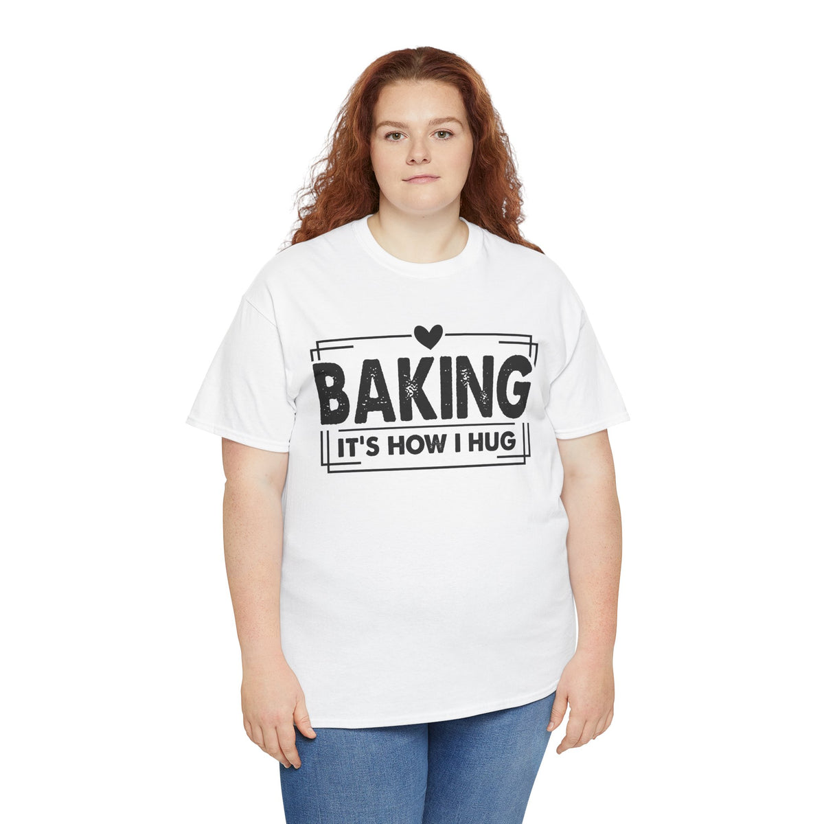 Woman wearing the Baking It's How I Hug Black Print T-Shirt, front view
