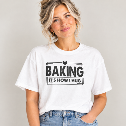 Woman wearing the white Baking It's How I Hug Black Print T-Shirt with jeans