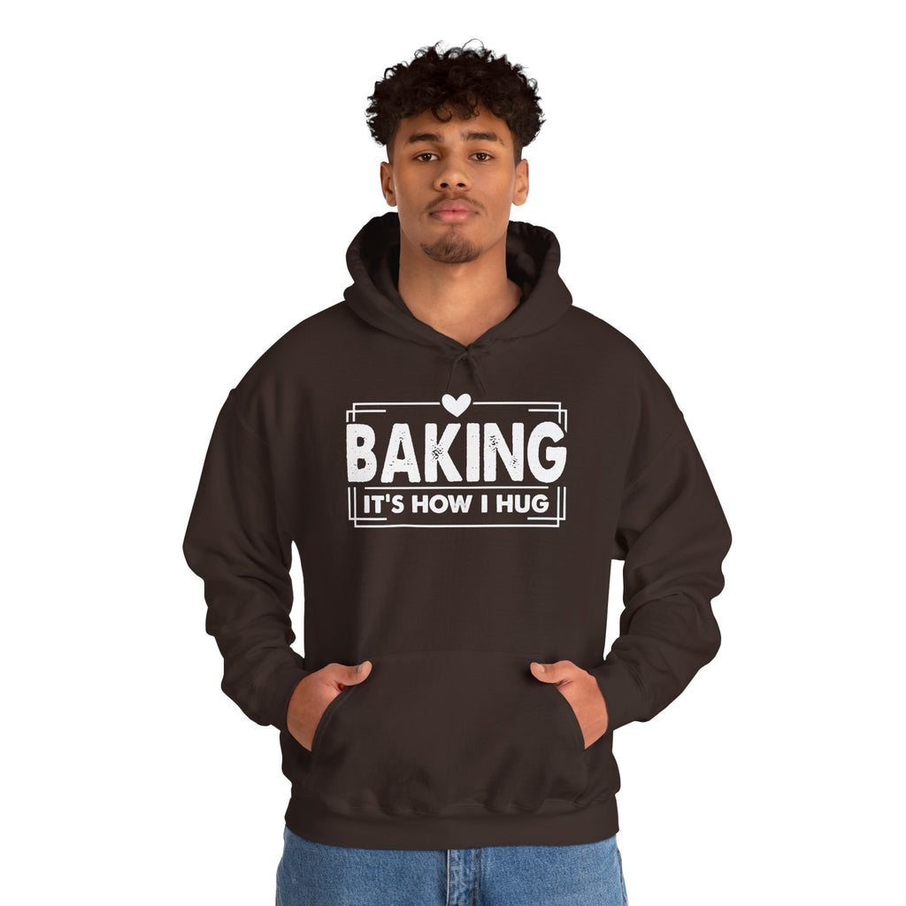 Man wearing the dark chocolate Baking It's How I Hug Hoodie