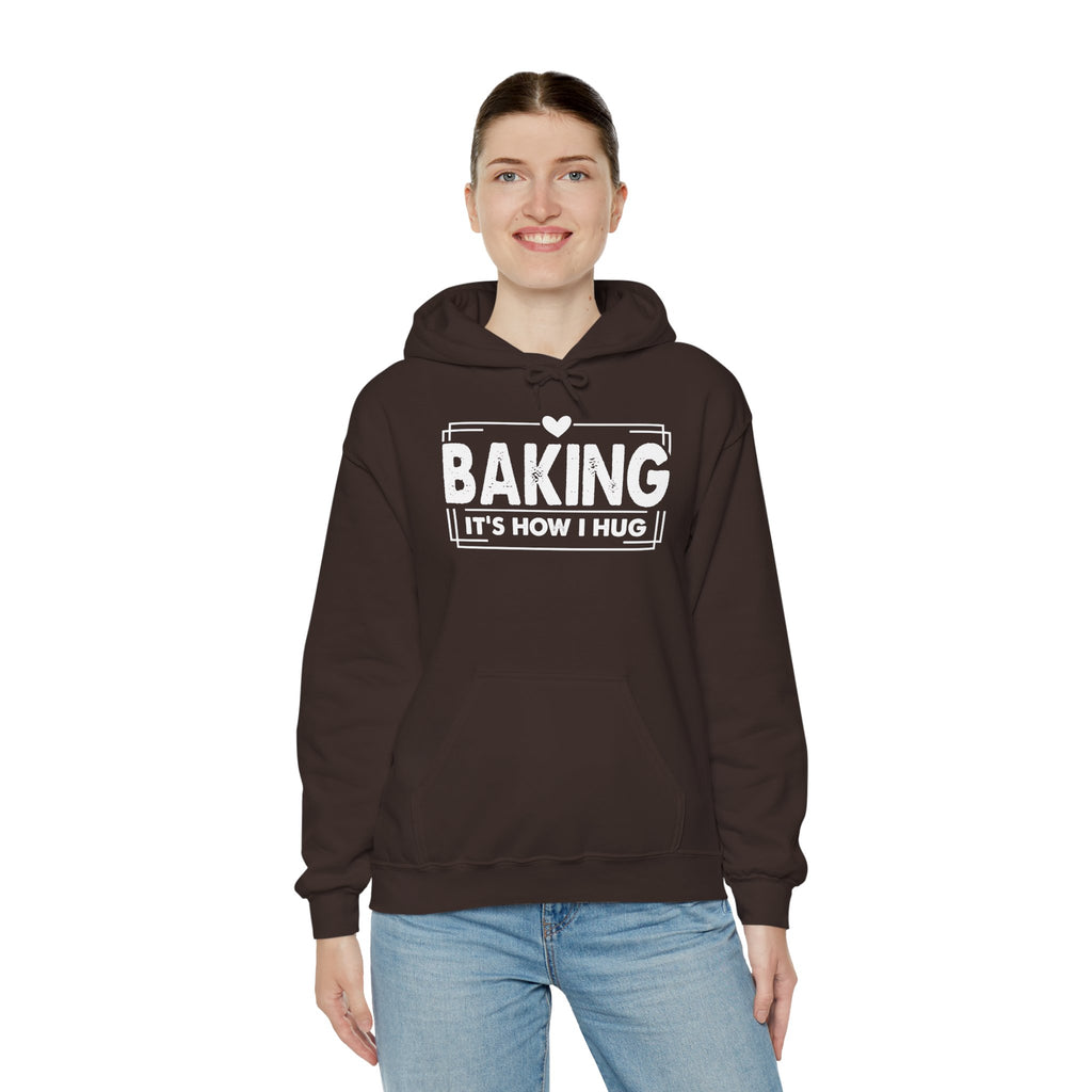 Woman wearing the dark chocolate Baking It's How I Hug Hoodie