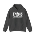 Dark Heather Baking It's How I Hug hoodie with white framed typography and heart, front view