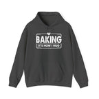 Dark Heather Baking It's How I Hug hoodie with white framed typography and heart, front view