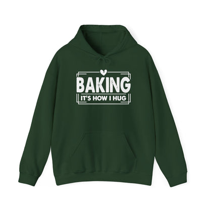 Forest green Baking It's How I Hug hoodie with white framed typography and heart