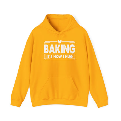 Gold Baking It's How I Hug hoodie with white framed typography and heart