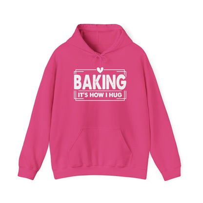 Heliconia pink Baking It's How I Hug hoodie with white framed typography and heart