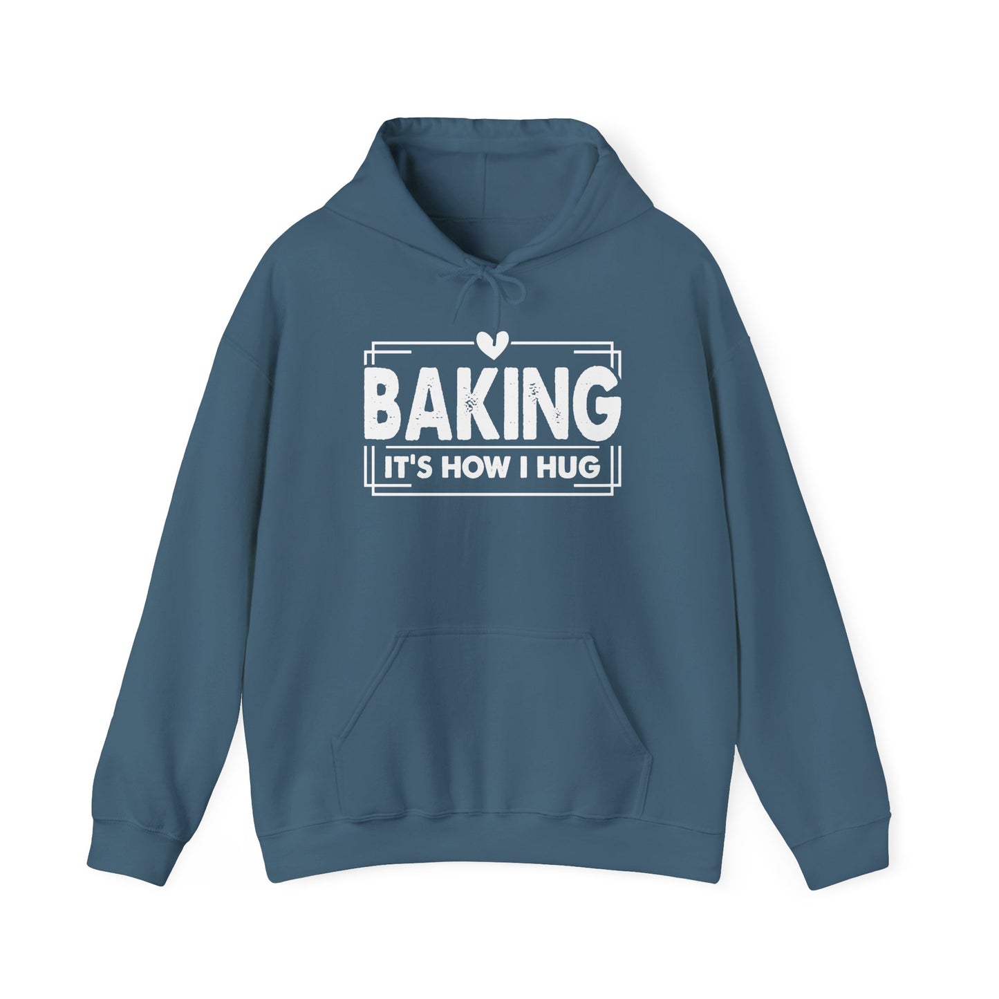Indigo blue Baking It's How I Hug hoodie with white framed typography and heart