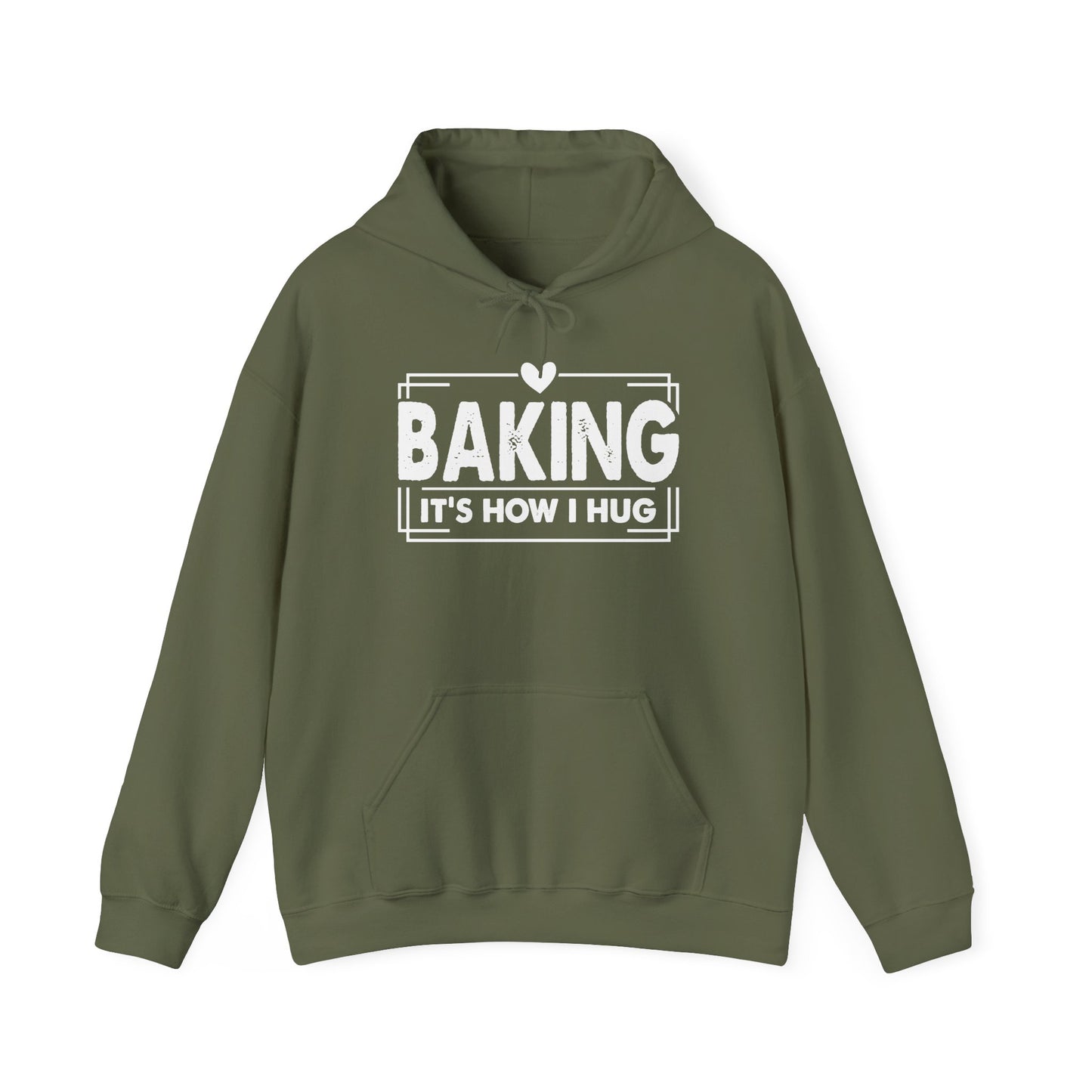 Military green Baking It's How I Hug hoodie with white framed typography and heart