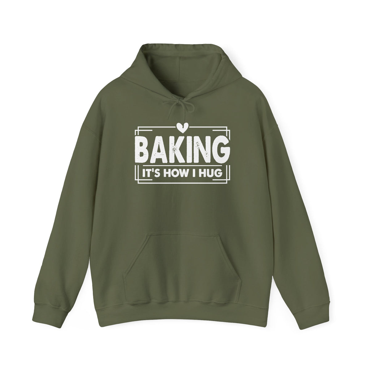 Military green Baking It's How I Hug hoodie with white framed typography and heart