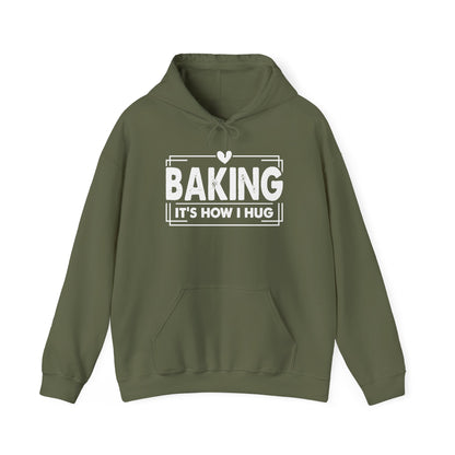 Military green Baking It's How I Hug hoodie with white framed typography and heart