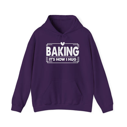 Purple Baking It's How I Hug hoodie with white framed typography and heart