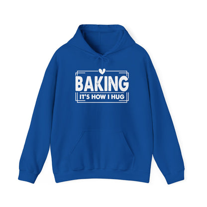 Royal blue Baking It's How I Hug hoodie with white framed typography and heart