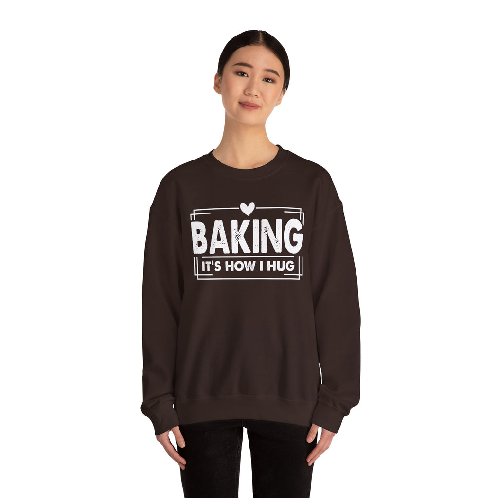 Woman wearing the dark chocolate Baking It's How I Hug Sweatshirt