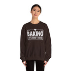 Woman wearing the dark chocolate Baking It's How I Hug Sweatshirt