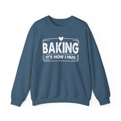 Indigo blue Baking It's How I Hug sweatshirt with white framed typography and heart