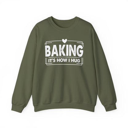 Military green Baking It's How I Hug sweatshirt with white framed typography and heart