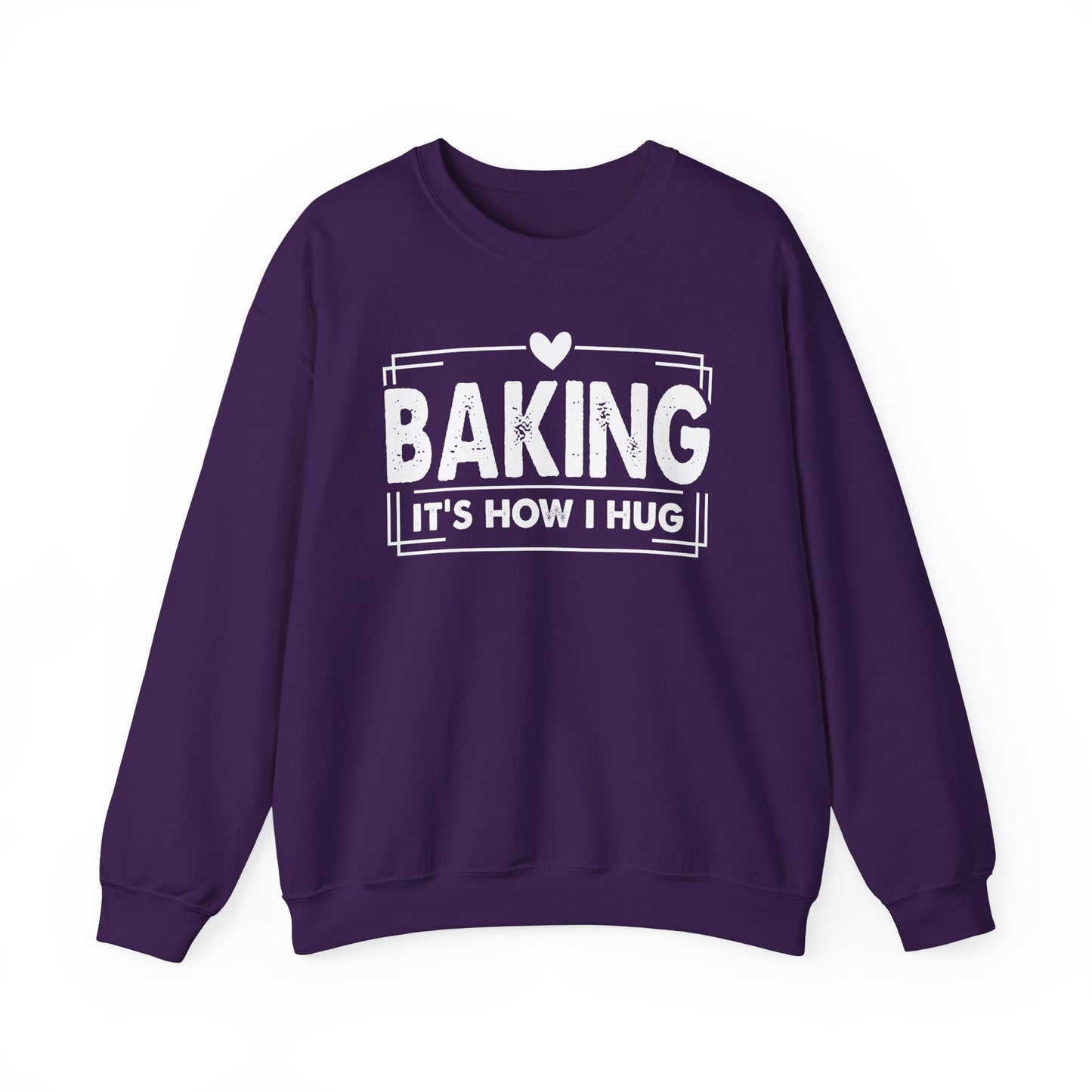 Purple Baking It's How I Hug sweatshirt with white framed typography and heart