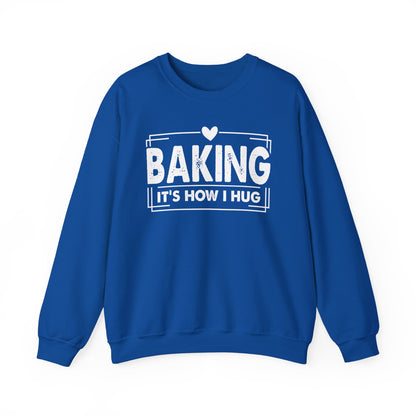 Royal blue Baking It's How I Hug sweatshirt with white framed typography and heart