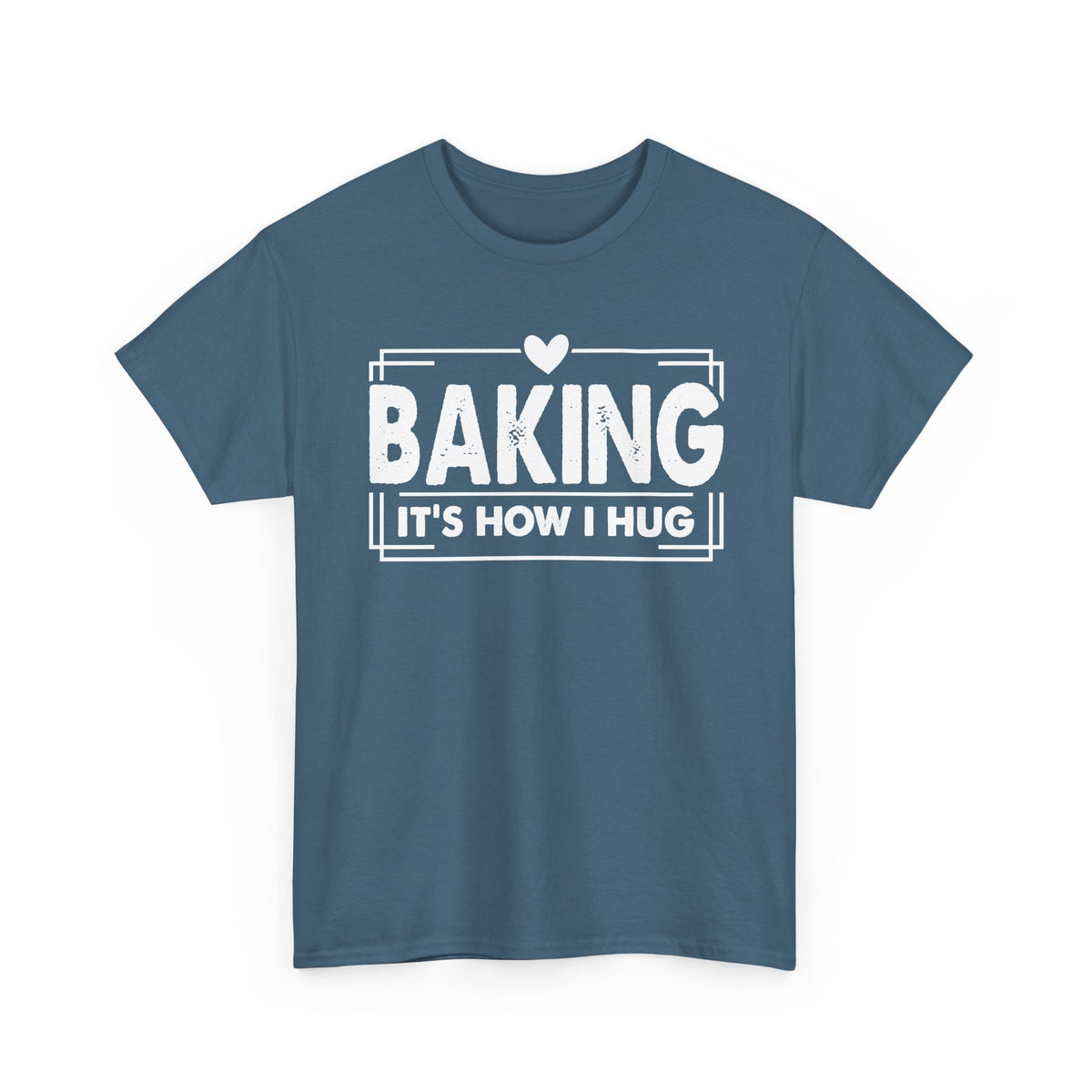 Indigo blue Baking It's How I Hug t-shirt with white framed typography and heart