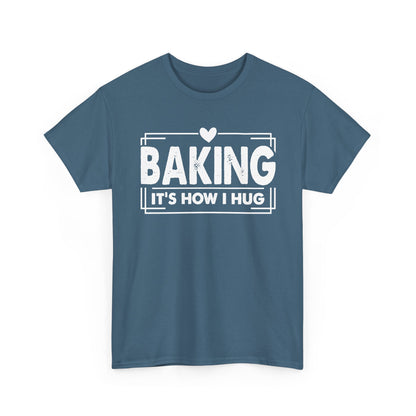 Indigo blue Baking It's How I Hug t-shirt with white framed typography and heart