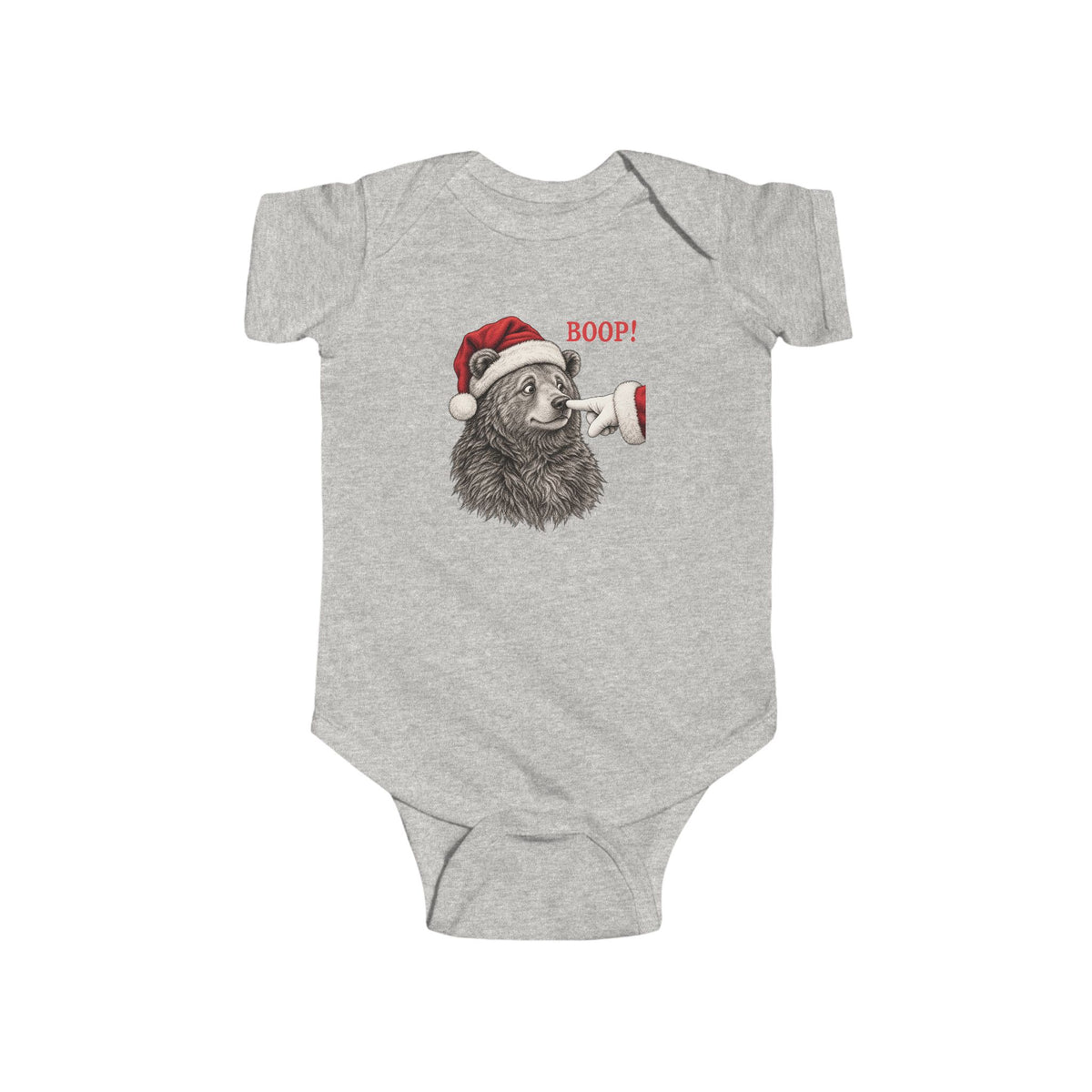 Ash Bear Boop Christmas baby bodysuit with a Santa hat bear getting booped on the nose, front view