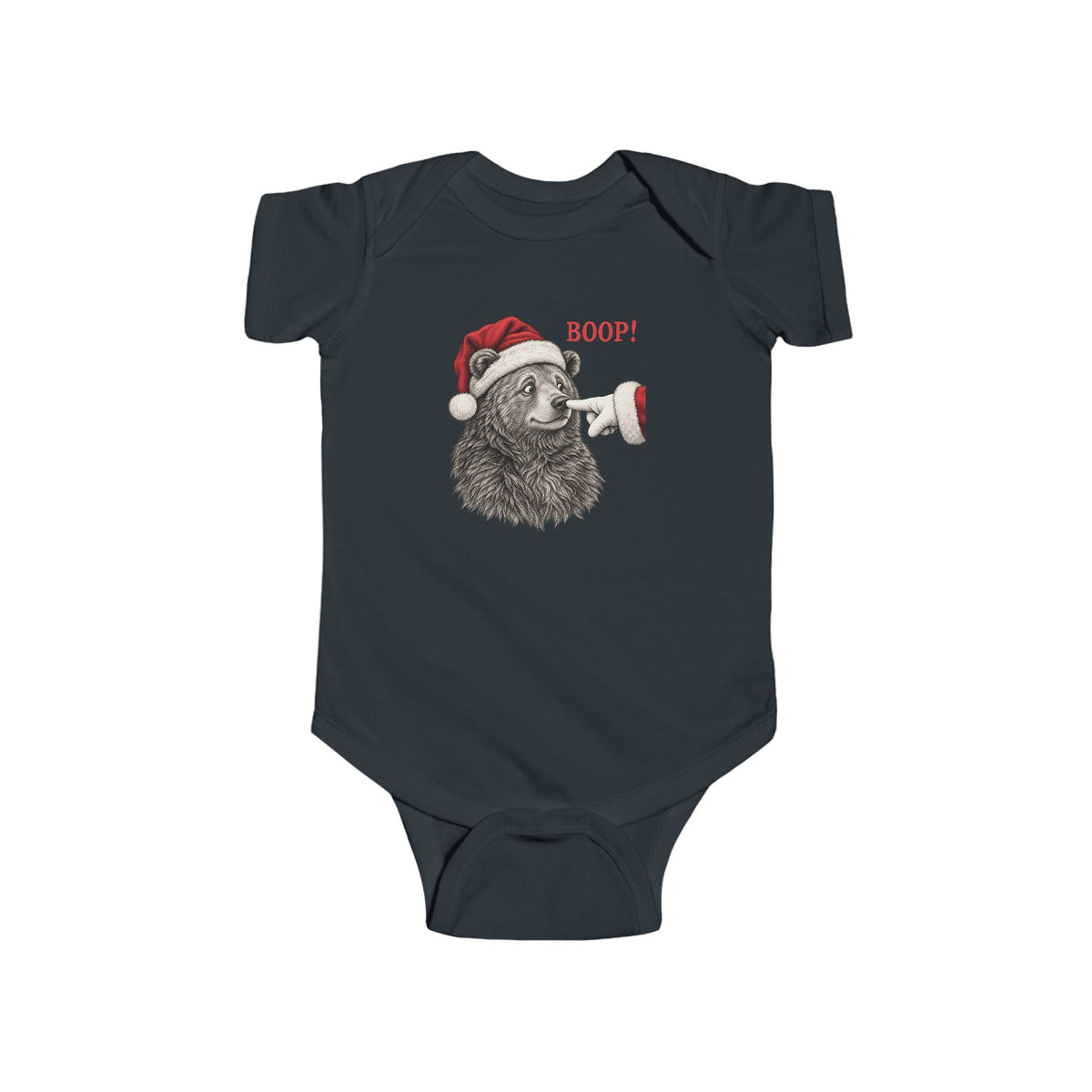 Black Bear Boop Christmas baby bodysuit with a Santa hat bear getting booped on the nose, front view