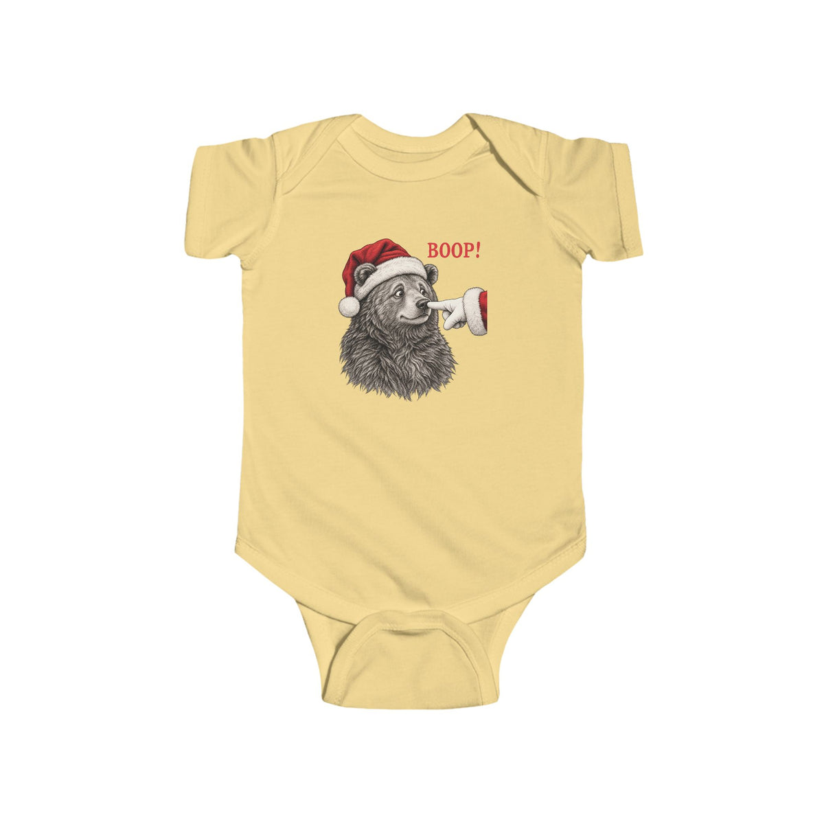 Butter Bear Boop Christmas baby bodysuit with a Santa hat bear getting booped on the nose, front view