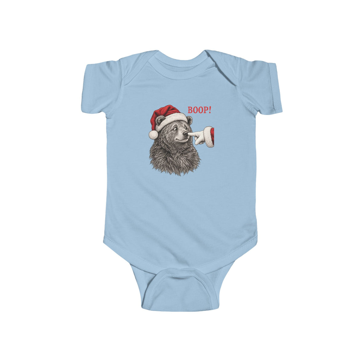 Light Blue Bear Boop Christmas baby bodysuit with a Santa hat bear getting booped on the nose, front view