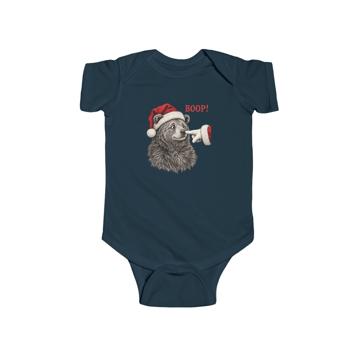 Navy Bear Boop Christmas baby bodysuit with a Santa hat bear getting booped on the nose, front view