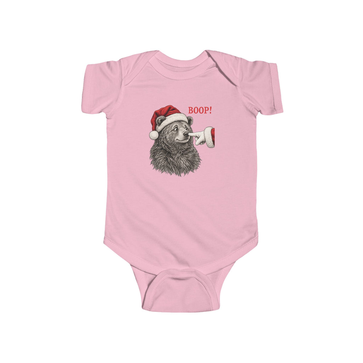 Pink Bear Boop Christmas baby bodysuit with a Santa hat bear getting booped on the nose, front view