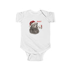 White Bear Boop Christmas baby bodysuit with a Santa hat bear getting booped on the nose, front view