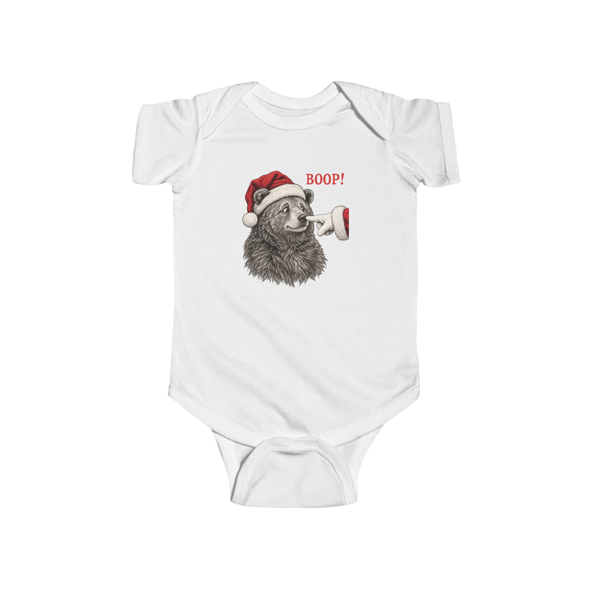 White Bear Boop Christmas baby bodysuit with a Santa hat bear getting booped on the nose, front view
