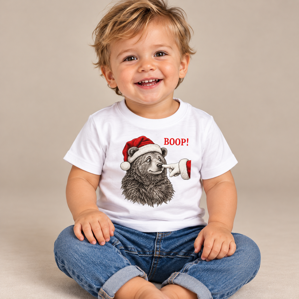 Toddler wearing the Bear Boop Christmas Baby T-Shirt
