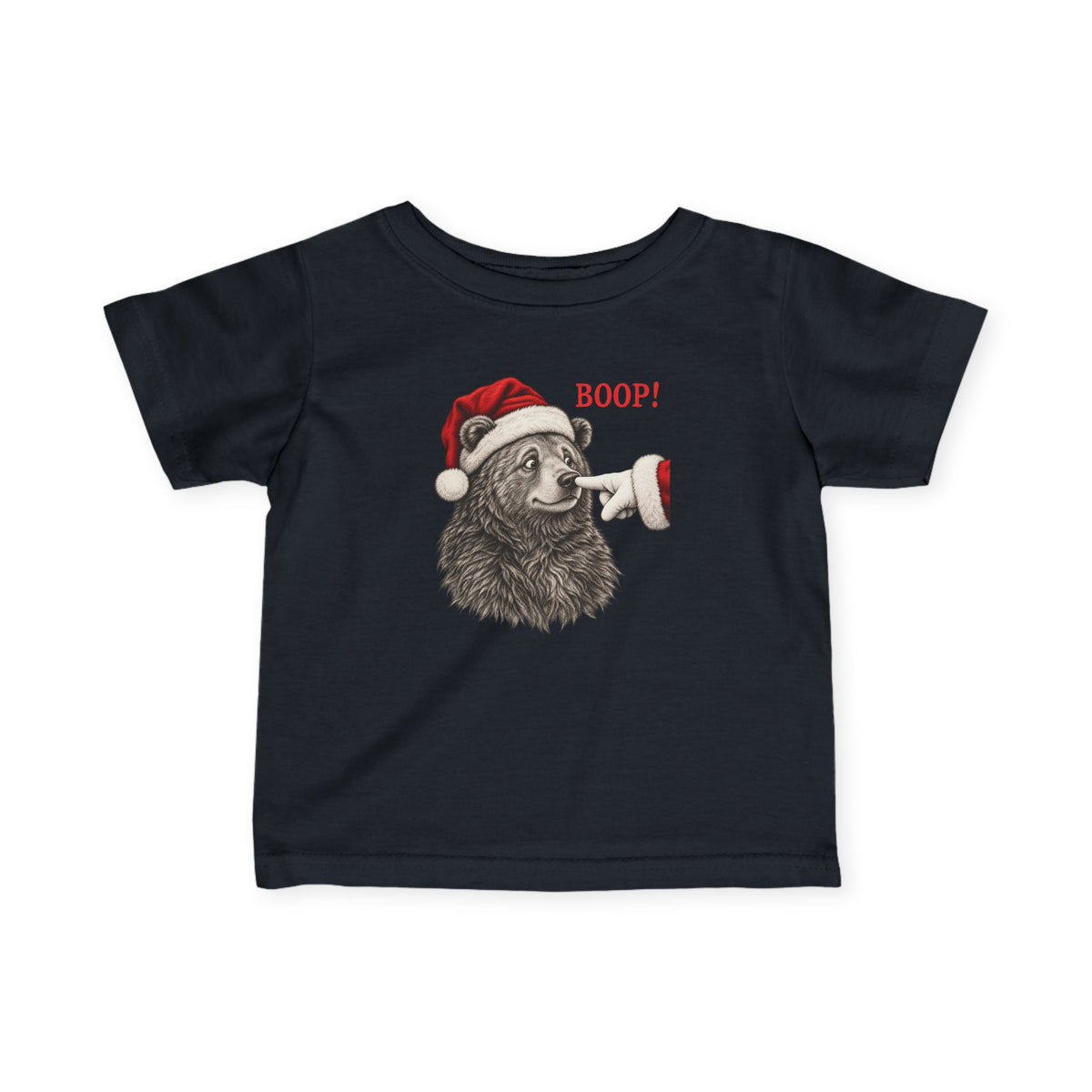 Black Bear Boop Christmas baby t-shirt with a Santa hat bear getting booped on the nose, front view